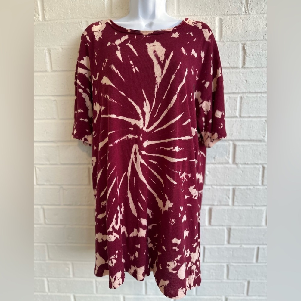True Craft Women's Wine Cream Tie-Dye Crew neck Short sleeve Tunic Top Size XL